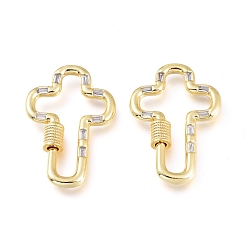 Clear Brass Micro Pave Cubic Zirconia Screw Carabiner Lock Charms, for Necklaces Making, Cross, Golden, Clear, 32.5x22.5x4.5mm