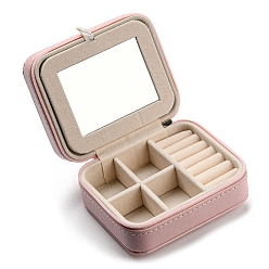 Misty Rose Rectangle PU Imitation Leather Jewelry Storage Zipper Boxes, Portable Travel Case with Mirror, for Ring Earring Holder, Gift for Women, Misty Rose, 9x11x5.5cm