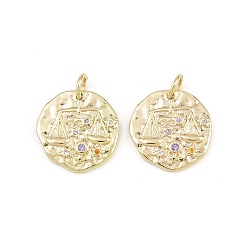 Libra Brass Micro Pave Colorful Cubic Zirconia Charms, Round with Constellation Charms, Rack Plating, Long-Lasting Plated, Cadmium Free & Lead Free, Golden, Libra, 14~15x14~15x1.6~2.2mm