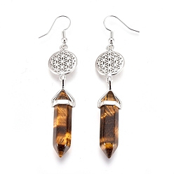 Tiger Eye Pointed Bullet Natural Tiger Eye Dangle Earrings, with Brass Earring Hooks and Flat Round with Flower of Life Links, Platinum, 77mm, Pin: 0.7mm