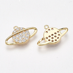 Clear Brass Micro Pave Cubic Zirconia Pendants, Nickel Free, Real 18K Gold Plated, Planet, Universe Space Charms, Clear, 10x16x2.5mm, Hole: 1mm