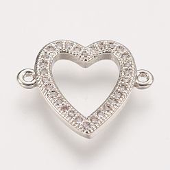 Platinum Brass Micro Pave Cubic Zirconia Links, Heart, Clear, Platinum, 13.5x16x1.5mm, Hole: 0.8mm