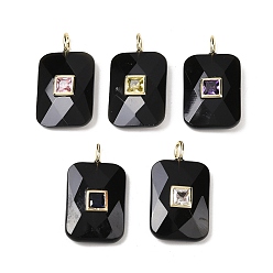 Обсидиан Природные подвески обсидиана, Подвески с прямоугольной огранкой и латунной микропаве из кубических цирконий разных цветов, золотые, 25x18x6~8 мм, отверстие : 2.5x3.5 мм