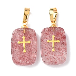 Клубничный Кварц Натуральные кварцевые подвески из клубники, с латунной фурнитурой и 304 кабошонами из нержавеющей стали, золотые, прямоугольник с подвесками в виде креста, 23~23.5x13~13.5x3.5~4 мм, отверстие : 7.5x4 мм