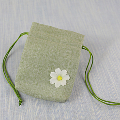 Dark Sea Green Burlap Packing Pouches, Drawstring Bags with Flower, Dark Sea Green, 14x10cm