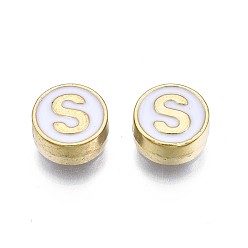 Letter S Alloy Enamel Beads, Cadmium Free & Lead Free, Light Gold, Flat Round with Alphabet, White, Letter.S, 8x4mm, Hole: 1.5mm