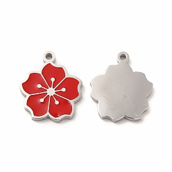 Red 304 Stainless Steel Enamel Charms, Sakura, Red, 14x12x1mm, Hole: 1.2mm