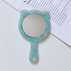 Blue Cute Cat Portable Makeup Mirror with Handle and Retro Acetic Acid Marble Pattern