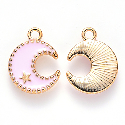 Pink Alloy Enamel Pendants, Moon & Star, Light Gold, Pink, 16x13x2mm, Hole: 1.8mm