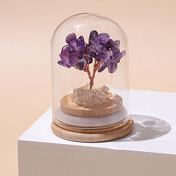 Amethyst Natural Amethyst Chips Tree of Life Decorations, Mini Wooden & Glass Base with Copper Wire Feng Shui Energy Stone Gift for Home Office Desktop Decoration, 52x77mm