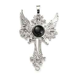 Obsidian Natural Obsidian Big Pendants, Cross with Wing Charms, with Platinum Plated Brass Findings, 52.5x32x7~7.5mm, Hole: 4x8mm & 2mm