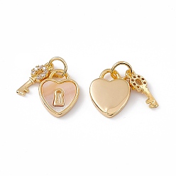 Real 18K Gold Plated Natural Shell Heart Charms with Key, with Brass Clear Cubic Zirconia Findings, Real 18K Gold Plated, Heart: 12.5x10x1.5mm, Hole: 3mm