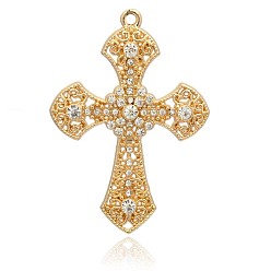 Crystal Latin Cross Golden Plated Alloy Rhinestone Big Pendants, Crystal, 65x46x5mm, Hole: 3mm