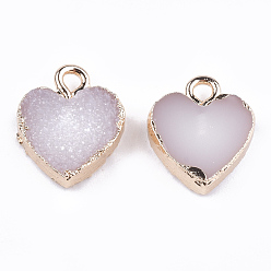 Lavender Blush Electroplate Druzy Resin Pendants, with Iron Findings, Heart, Light Gold, Lavender Blush, 15x12x3.5~4mm, Hole: 1mm