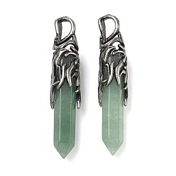 Зеленый Авантюрин Естественный зеленый авантюрин подвески, граненые подвески-пули с латунными крыльями дракона, античное серебро, 45~47x8.5~9 мм, отверстие : 6~6.5x4~4.5 мм