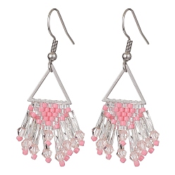 Pink Glass Seed Beaded Tassel Dangle Earring, 304 Stainless Steel Triangle Earrings, Pink, 46~48x26~29mm