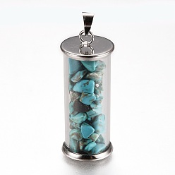 Turquoise Alloy & Glass Wish Bottle Pendants, with Synthetic Turquoise Chips, Platinum, Column, 35x13.5mm, Hole: 4x3.5mm