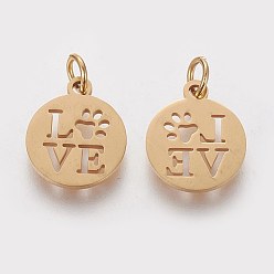 Golden 304 Stainless Steel Pendants, Flat Round with Word Love, Golden, 14x12x1mm, Hole: 3mm