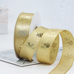 Pale Goldenrod 22M Flat Christmas Snowflake Printed Polyester Satin Ribbons, Hot Stamping Ribbons, Pale Goldenrod, 1 inch(25mm), about 24.06 Yards(22m)/Roll