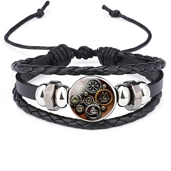 Others Cowhide & Imitation Leather Triple Layer Multi-strand Bracelets, Alloy Glass Rune Words Odin Norse Viking Amulet Adjustable Bracelet, 7-1/8~10-1/4 inch(18~26cm)