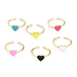 Mixed Color Brass Enamel Cuff Rings, Open Rings, Heart, Real 18K Gold Plated, Mixed Color, US Size 7 1/4(17.5mm)