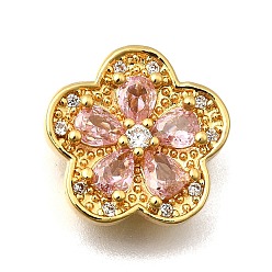 Pink Многожильные звенья из латуни с паве из кубического циркония, цветок, реальный 18 k позолоченный, розовые, 14x14x6.5 мм, отверстие : 1.8 мм