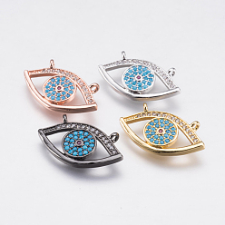 Mixed Color Brass Micro Pave Cubic Zirconia Pendant, Eye, Deep Sky Blue, Mixed Color, 11x21x2mm, Hole: 1mm