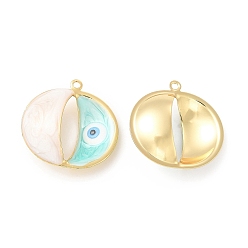 Turquoise Brass Pendants, with Enamel, Real 18K Gold Plated, Long-Lasting Plated, Flat Round with Evil Eye Charm, Turquoise, 25x25x8mm, Hole: 1.4mm