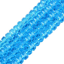 Deep-Sky-blau Transparente Glasperlen Stränge, Rondell, facettiert, Deep-Sky-blau, 7.5~8x5 mm, Bohrung: 1~1.2 mm, ca. 77~81 Stk. / Strang, 14.96~17.32 Zoll (38~44 cm)