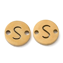 Letter S Ion Plating(IP) 304 Stainless Steel Connector Charms, Flat Round with Letter, Golden, Letter S, 9x1~1.5mm, Hole: 1~1.4mm