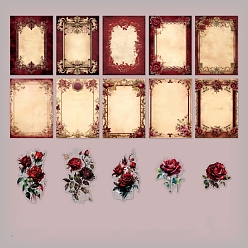 Dark Red Flower Scrapbook Paper Pads & PET Stickers Set, for DIY Album Scrapbook, Background Paper, Diary Decoration, Dark Red, 140x100mm, 30pcs/set