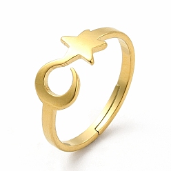 Real 18K Gold Plated Ion Plating(IP) 304 Stainless Steel Star and Moon Adjustable Ring for Women, Real 18K Gold Plated, US Size 6 1/4(16.7mm)