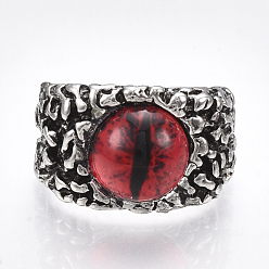 Red Alloy Glass Cuff Finger Rings, Wide Band Rings, Dragon Eye, Antique Silver, Red, Size 10, 20mm