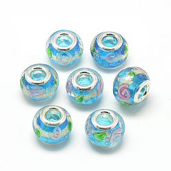 Deep Sky Blue Handmade Gold Sand Lampwork European Beads, with Brass Double Cores, Large Hole Beads, Rondelle, Platinum, Deep Sky Blue, 13.5~14.5x10.5~11mm, Hole: 5mm