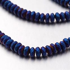 Blue Plated Electroplate Non-magnetic Synthetic Hematite Bead Strands, Frosted, Rondelle, Blue Plated, 4x2mm, Hole: 1mm, about 177pcs/strand, 15.7 inch