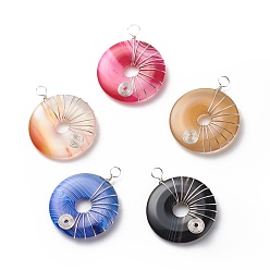 Silver Natural Striped Agate/Banded Agate Pendants, Dyed, with Eco-Friendly Copper Wire Wrapped, Donut/Pi Disc Charm, Mixed Color, Silver, 36x30x5mm, Hole: 4mm