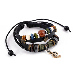Black Leater Braided Multi-strand Bracelet with Alloy Musical Note Charms, Natural Mixed Gemstone Beaded Bracelet for Men Women, Black, 6-3/4 inch(17cm)