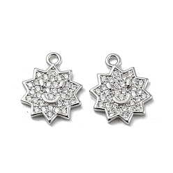 Real Platinum Plated Brass Micro Pave Clear Cubic Zirconia Charms, Flower with Smile Face, Real Platinum Plated, 13.5x11x2mm, Hole: 1.2mm