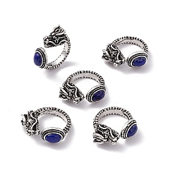 Lapis Lazuli Dragon Head Natural Lapis Lazuli Cuff Rings, Antique Silver Tone Brass Open Rings for Women, 5mm, Inner Diameter: US Size 8 1/4(18.3mm)