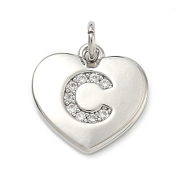 Letter C Латунные микропаве прозрачные подвески с фианитом, сердце прелести, без кадмия и без свинца, стойки покрытие, долговечный, платина, буква С, 15x15x2 мм, отверстие : 3 мм