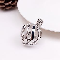 Platinum Brass Bead Cage Pendants, Hollow Round Charms, for Chime Ball Pendant Necklaces Making, Platinum, 32.5x22mm