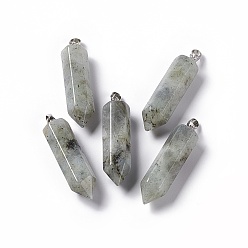 Labradorite Natural Labradorite Double Terminated Pointed Pendants, with Platinum Tone Brass Findings, Bullet, 39x10x10mm, Hole: 3x6mm