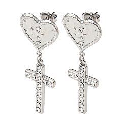 Stainless Steel Color Heart with Cross 304 Stainless Steel Dangle Stud Earrings, with Crystal Rhinestone, Stainless Steel Color, 44x16.5mm