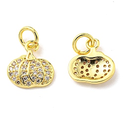 Real 18K Gold Plated Rack Plating Brass Micro Pave Clear Cubic Zirconia Charms, with Jump Ring, Pumpkin Charm, Real 18K Gold Plated, 11x10x2mm, Hole: 3.2mm