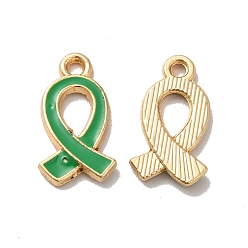 Green Alloy Enamel Pendants, Golden, Awareness Ribbon Charm, Green, 17x10x2mm, Hole: 1.6mm