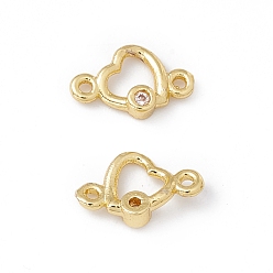 Pink Brass Micro Pave Cubic Zirconia Links Connectors, Real 18K Gold Plated, Heart, Pink, 6x9.5x2mm, Hole: 0.9mm