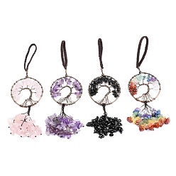 Mixed Stone Wire Wrapped Chips Natural Gemstone Big Pendant Decorations, with Red Copper Plated Brass Wires and Nylon Cord, Flat Round with Tree of Life, 160~180mm