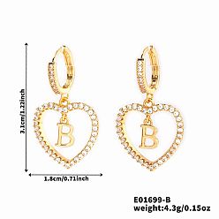 Letter B Латунные серьги-кольца в форме сердца, с четким кубического циркония, золотые, В письме, 31x18 мм