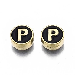 Letter P Alloy Enamel Beads, Cadmium Free & Lead Free, Light Gold, Flat Round with Alphabet, Black, Letter.P, 8x4mm, Hole: 1.5mm
