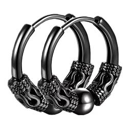 Black 304 Stainless Steel Beaded Hoop Earrings, Dragon Pattern, Black, 14x2.5mm